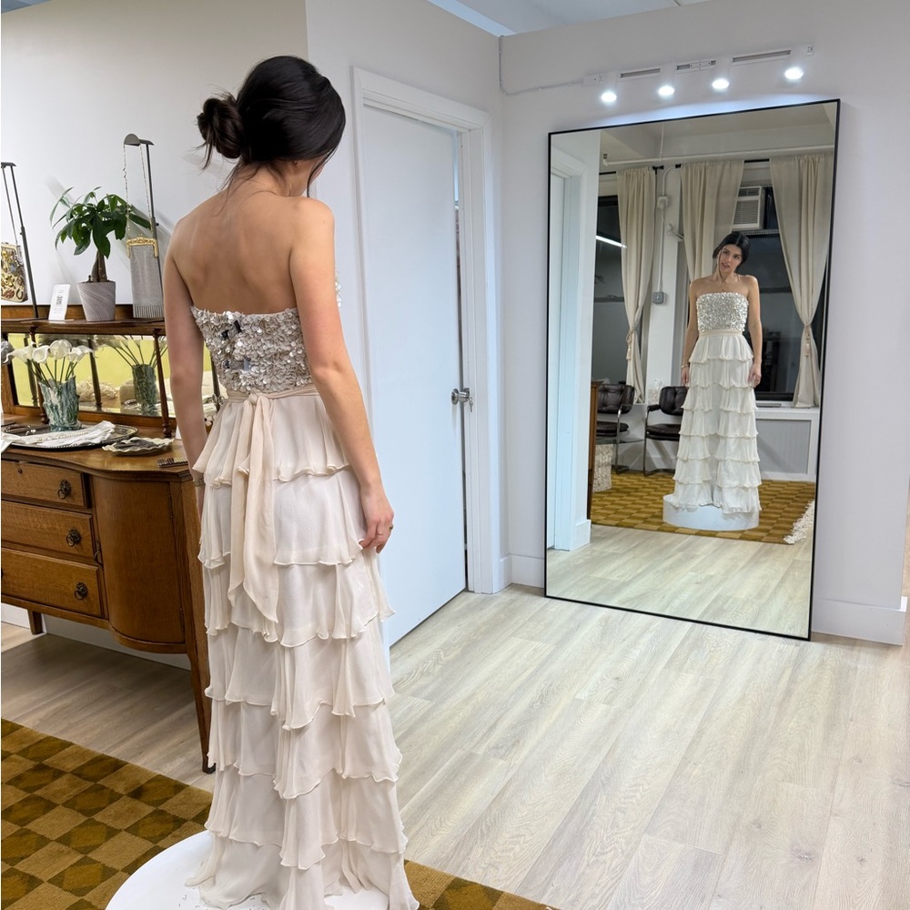 Vintage Scala 100% Silk Ivory Beaded Tiered Formal Gown